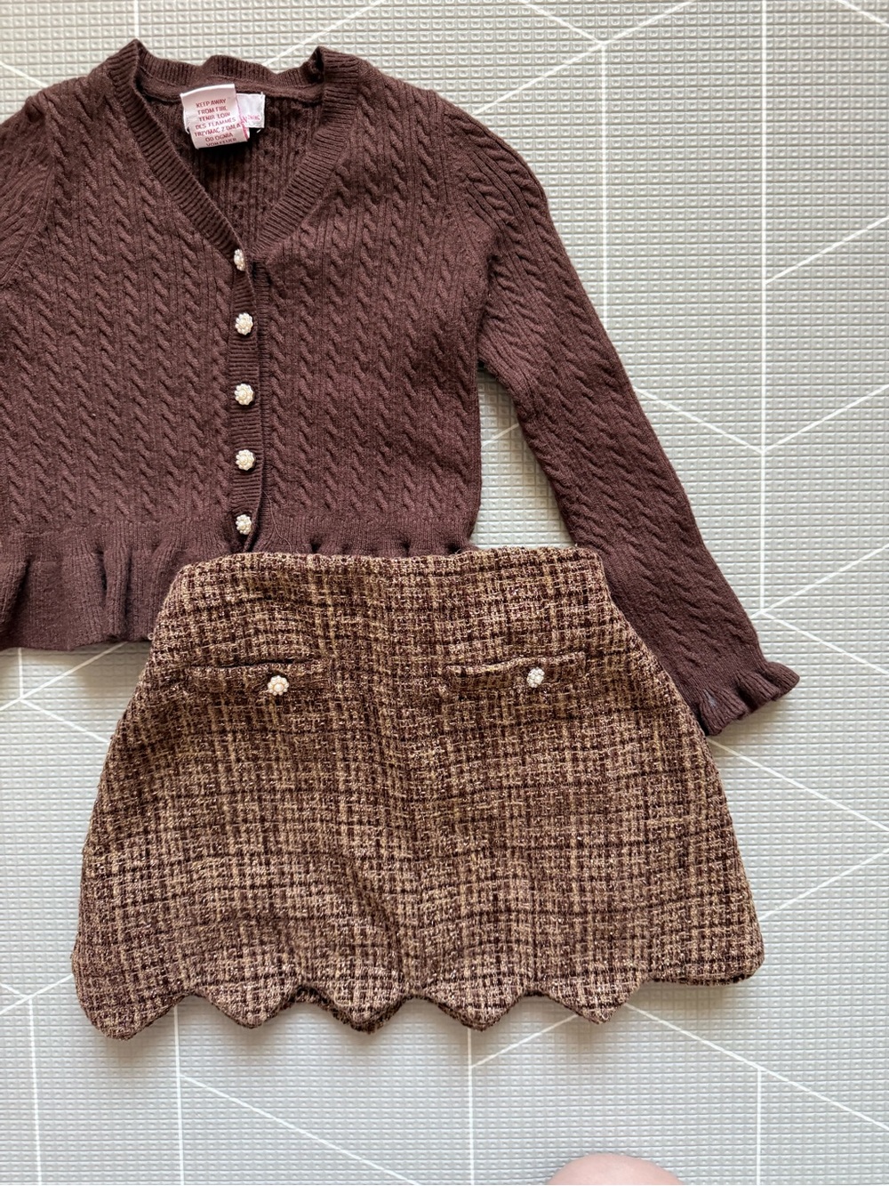 Lulurain|Baby girl/toddler Brown Cable Knit Cardigan & Tweed Skirt matching Set